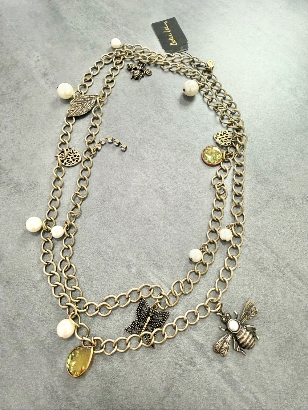 Cookie Lee Vintage Brass Tone Necklace Butterfly And Bees Charms Opera Length